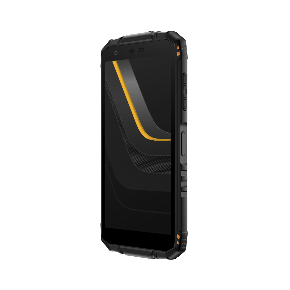 Uno smartphone nero con accenti arancioni, esposto su sfondo bianco.