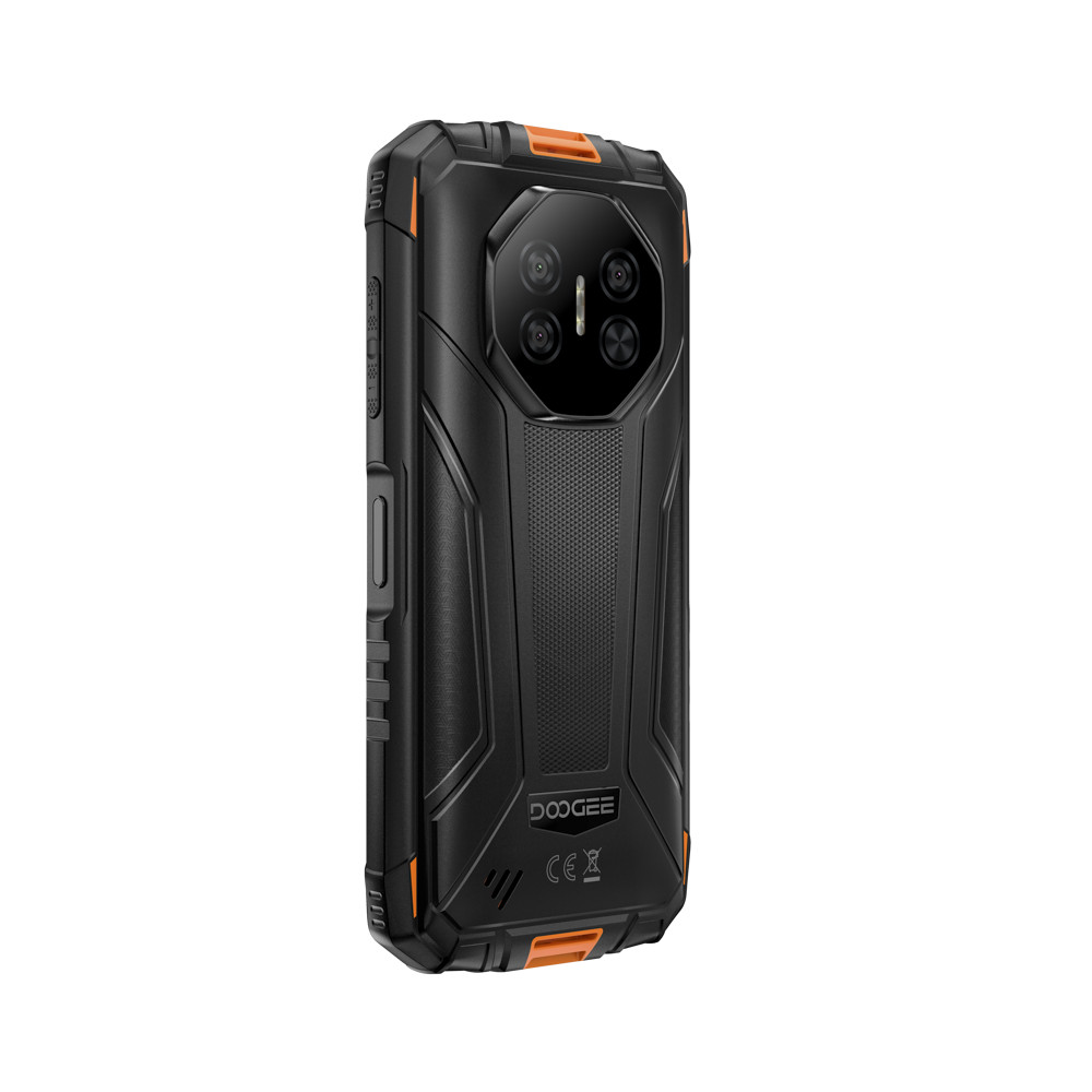 Robusto smartphone nero con accenti arancioni e configurazione a quattro fotocamere.