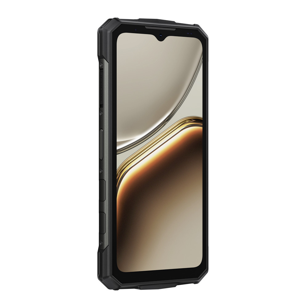 Uno smartphone robusto nero con schermo grande e pulsanti laterali, su sfondo bianco.