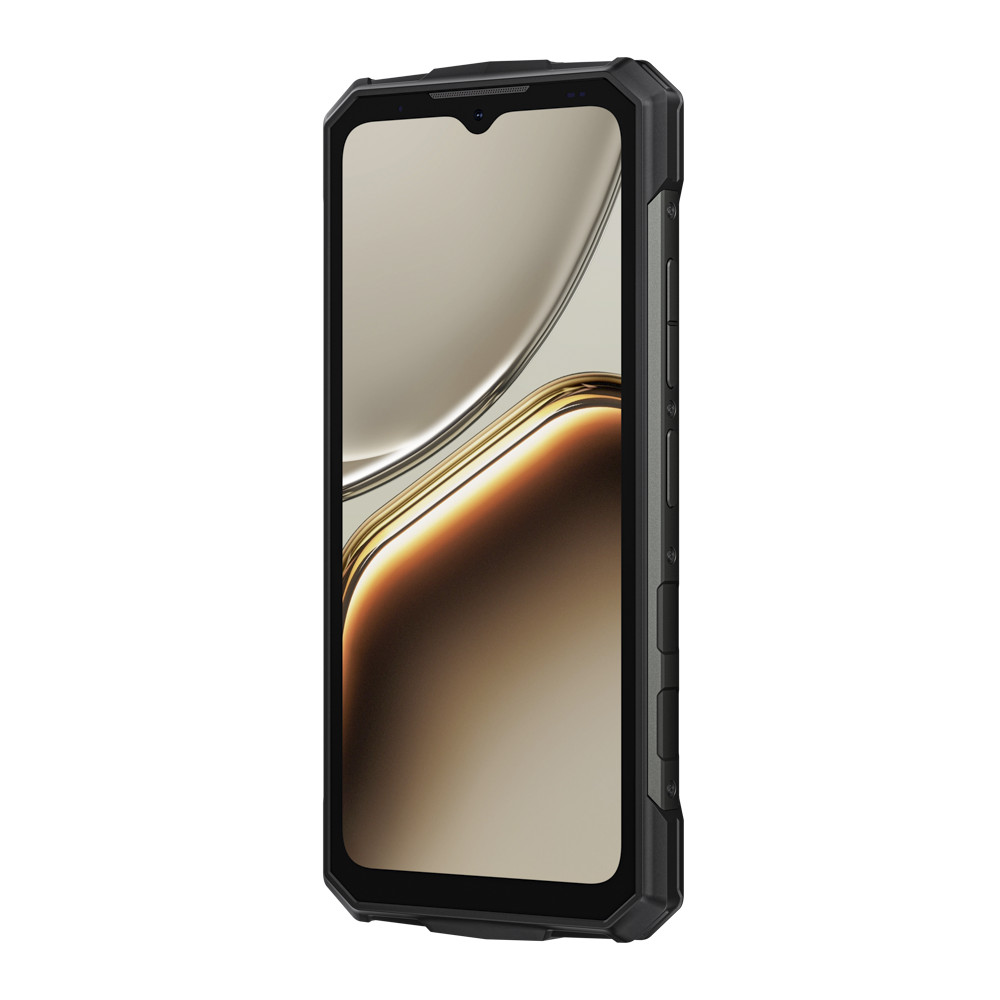 Robusto smartphone nero con schermo e pulsanti laterali.