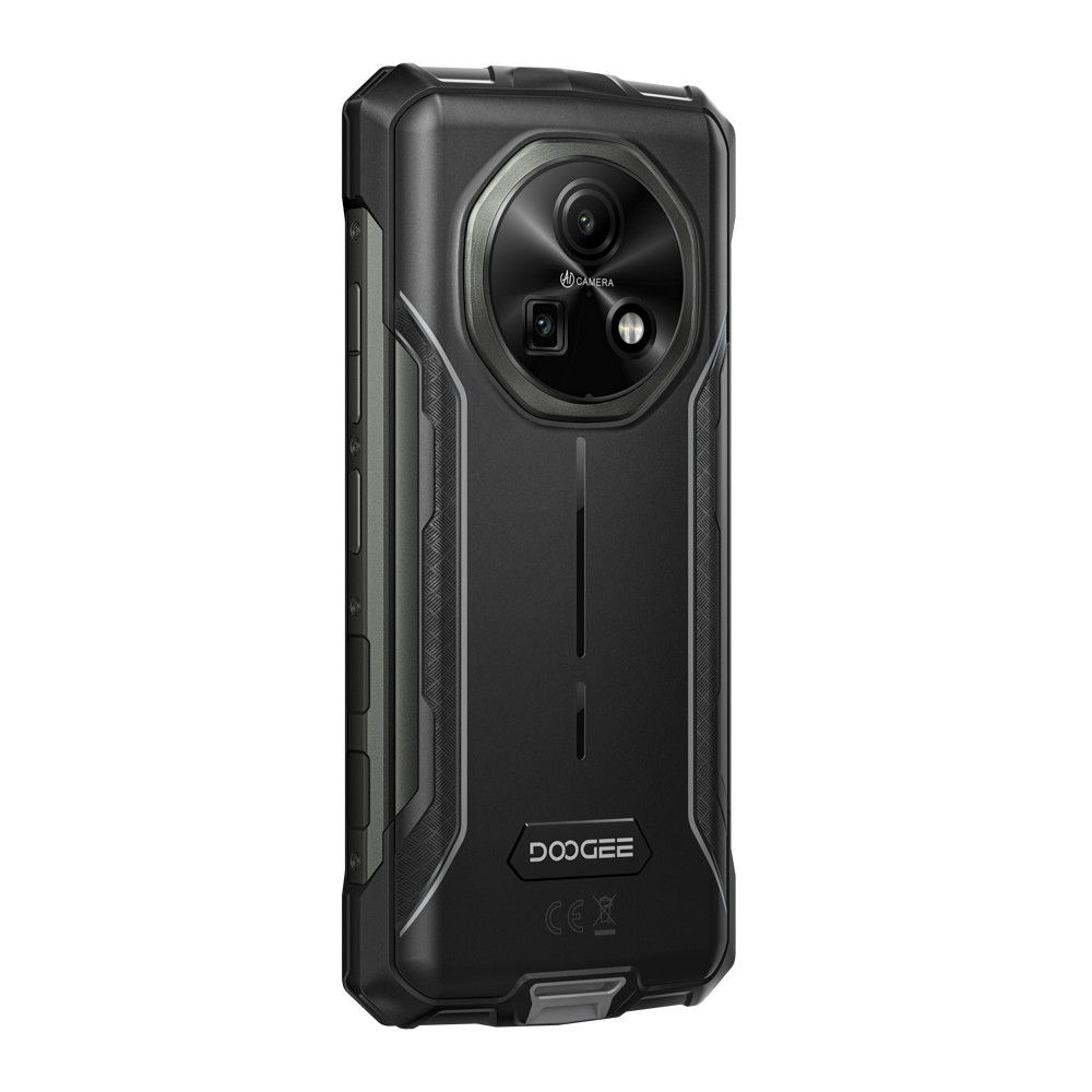 Retro di uno smartphone nero e robusto con modulo fotocamera e logo DOOGEE.