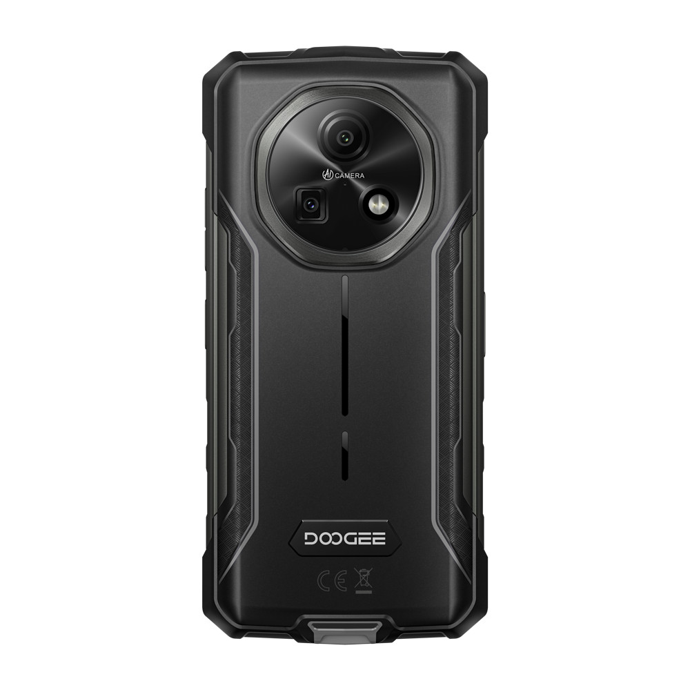 Retro di uno smartphone DOOGEE nero con modulo fotocamera rotondo e logo.