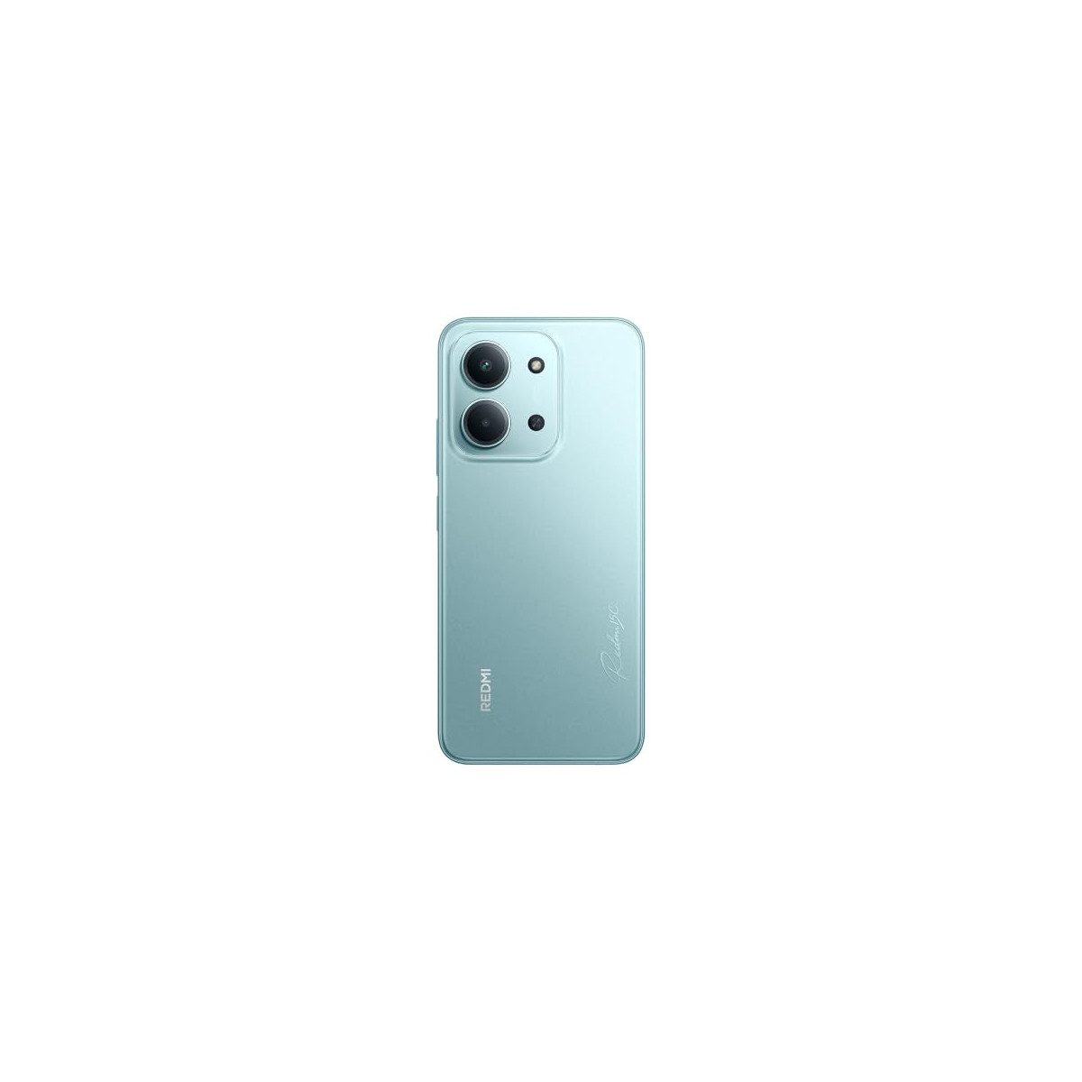 Uno smartphone azzurro con due fotocamere posteriori e marchio.