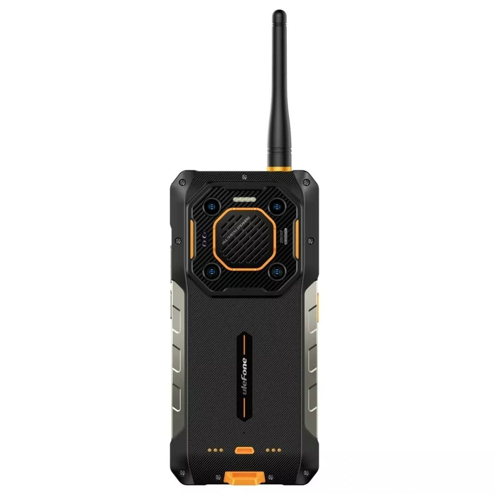 Uno smartphone robusto con antenna, fotocamere e altoparlanti sul retro.