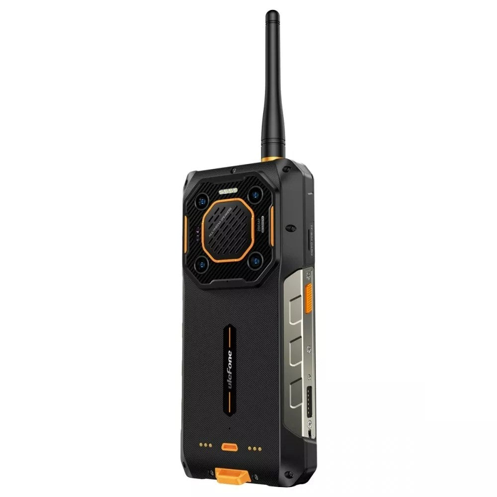 Smartphone robusto con antenna, fotocamera e pulsanti laterali.
