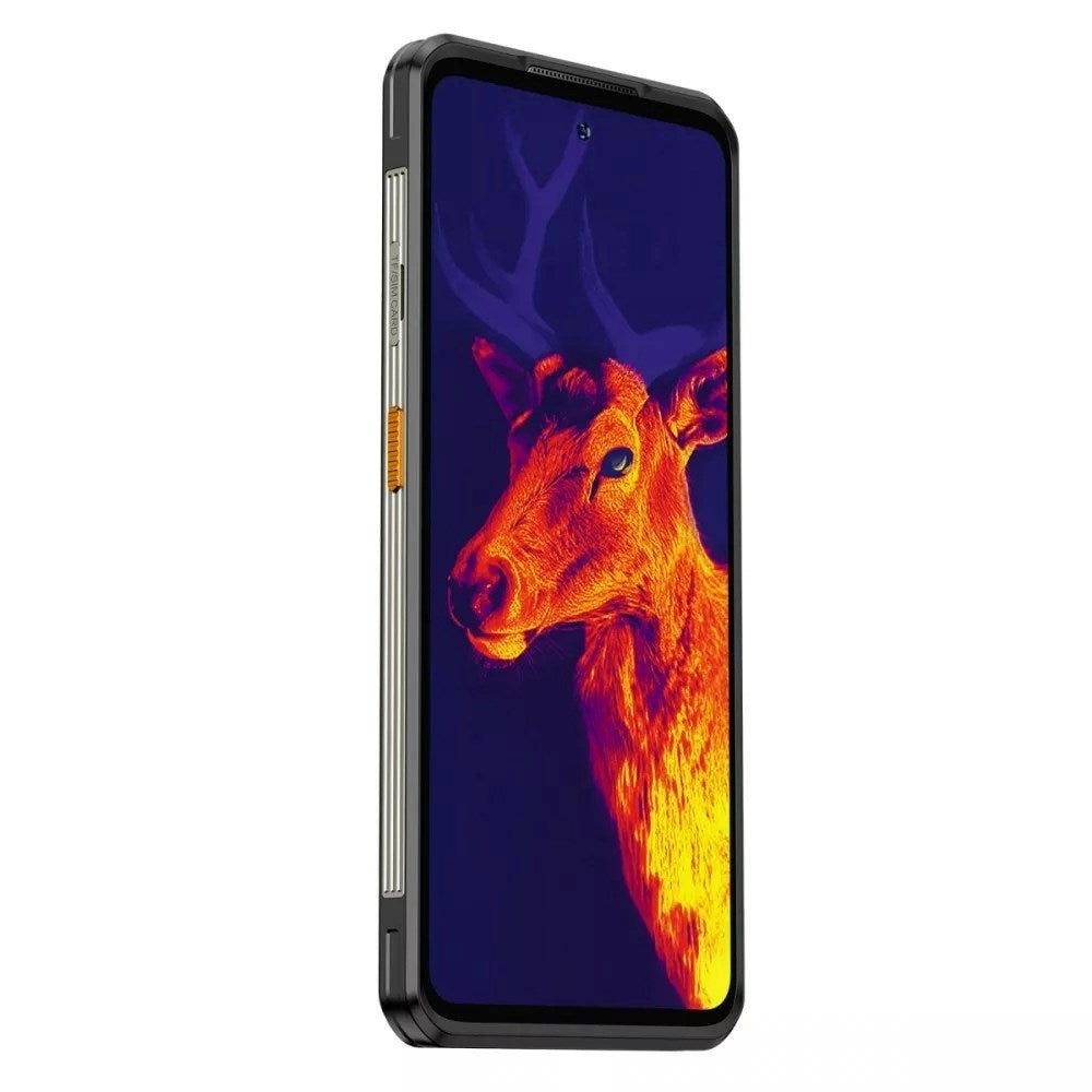 Telefono che mostra un'immagine termica della testa di un cervo con corna su sfondo scuro.
