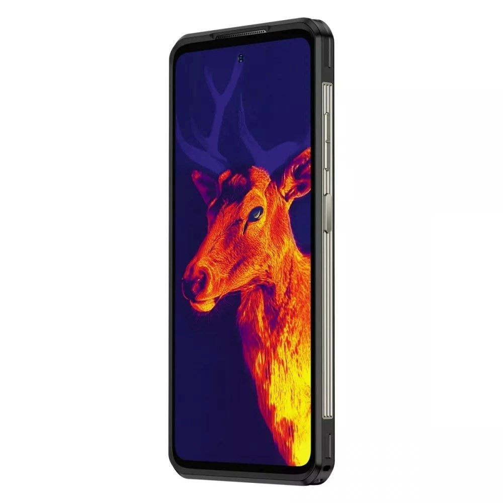 Uno smartphone mostra un'immagine termica di un cervo con corna.