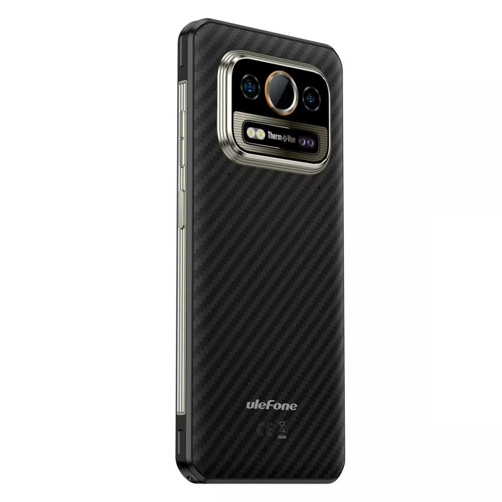 Smartphone Ulefone nero con retro in fibra di carbonio e alloggiamento tripla fotocamera.