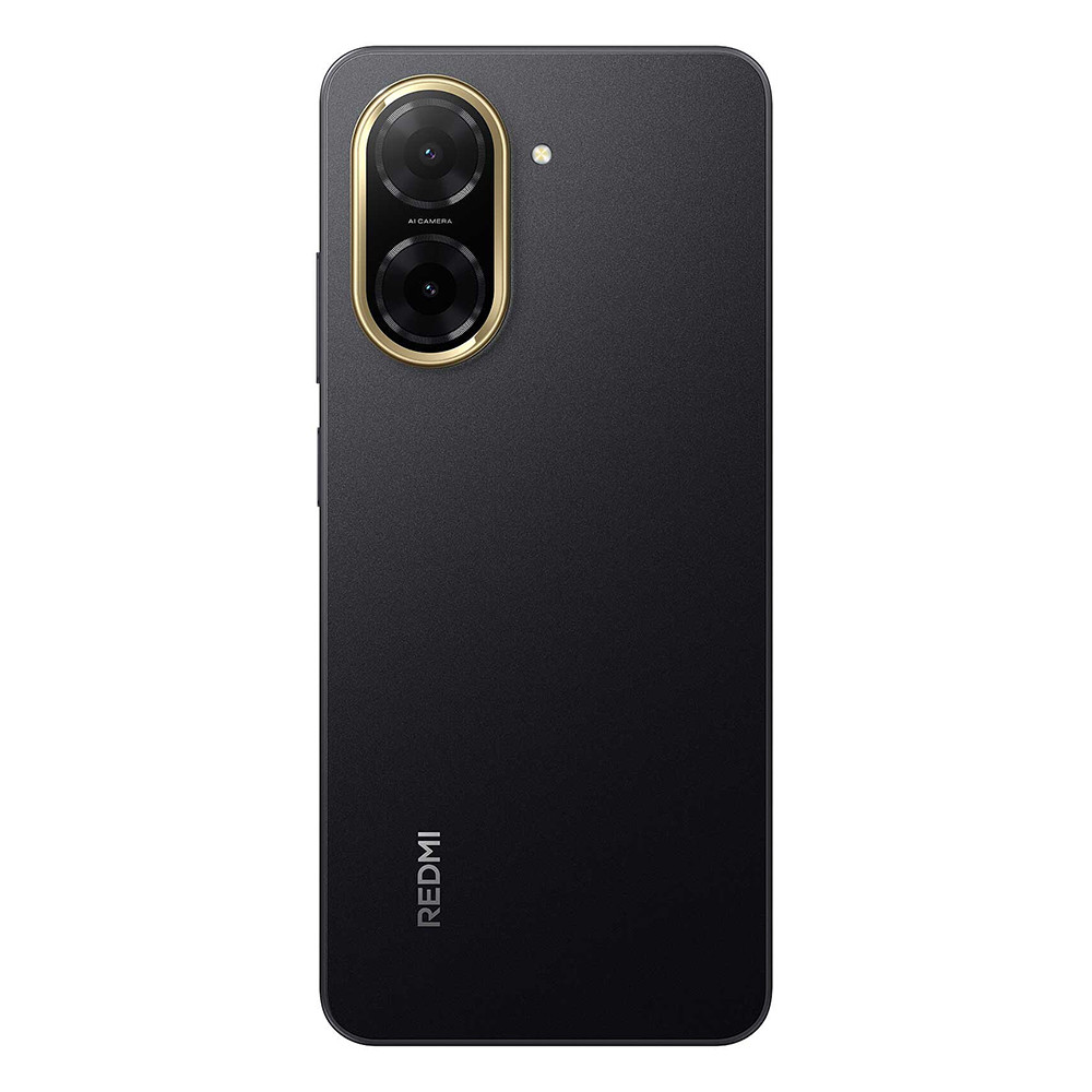 Smartphone nero con doppia fotocamera ad anello dorato, logo REDMI in basso.