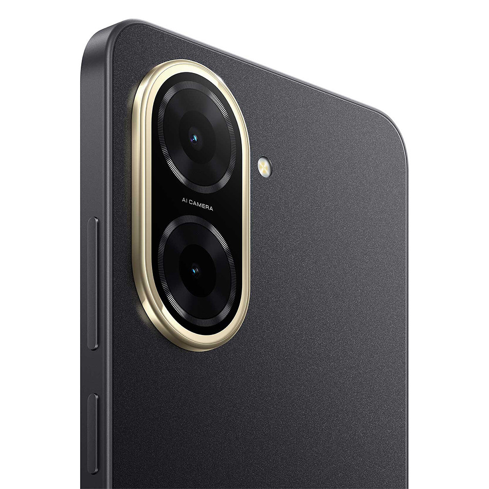 Primo piano del retro di uno smartphone nero con sistema a doppia fotocamera e accento dorato.