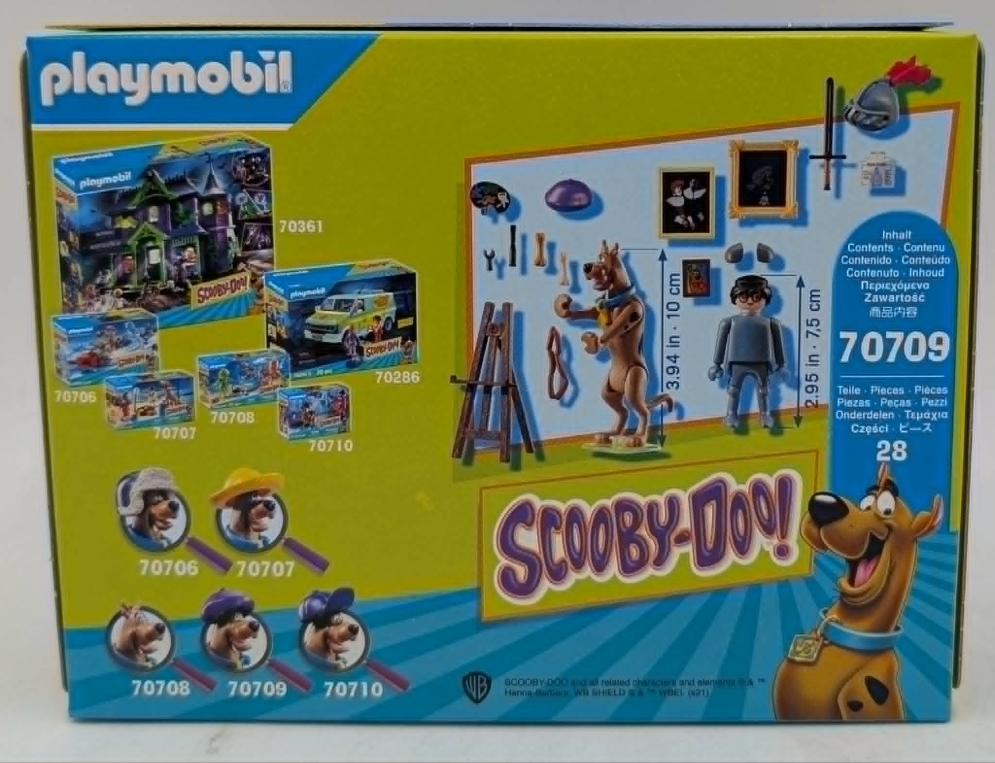 Pudełko Playmobil Scooby-Doo pokazuje zestawy zabawek, figurki i furgonetkę Scooby-Doo.