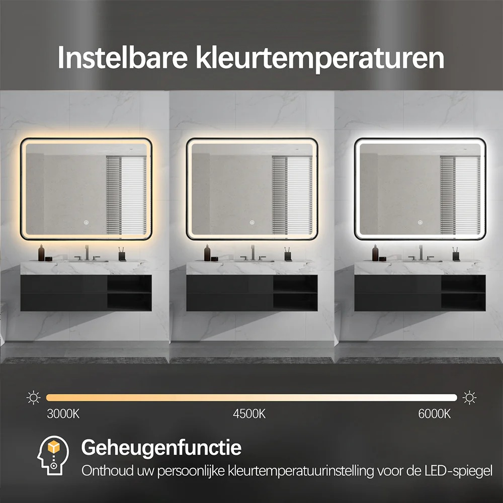 A mirror with adjustable color temperature, shown at 3000K, 4500K, and 6000K.