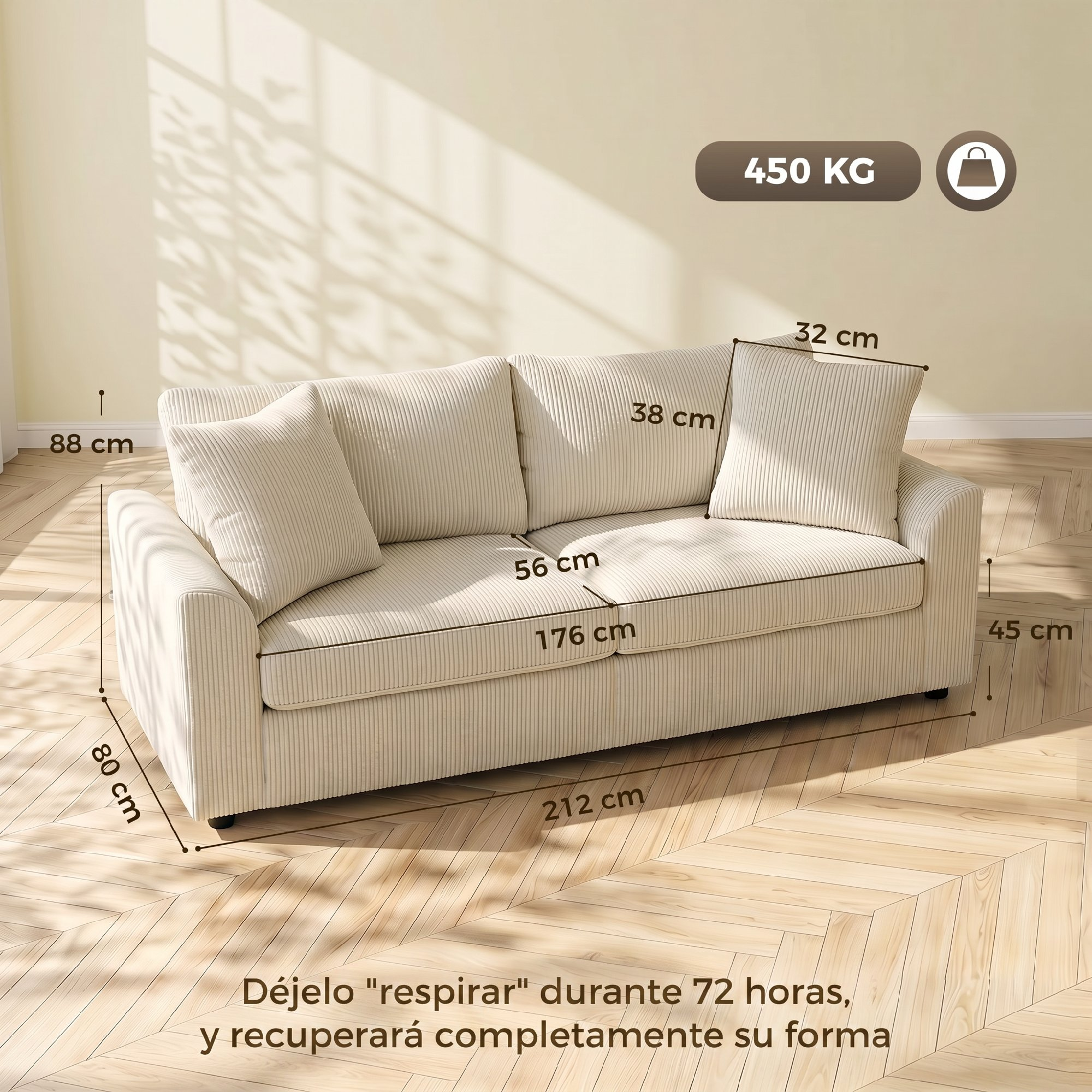 Un sofá de pana beige claro con dimensiones, sobre suelo de madera.