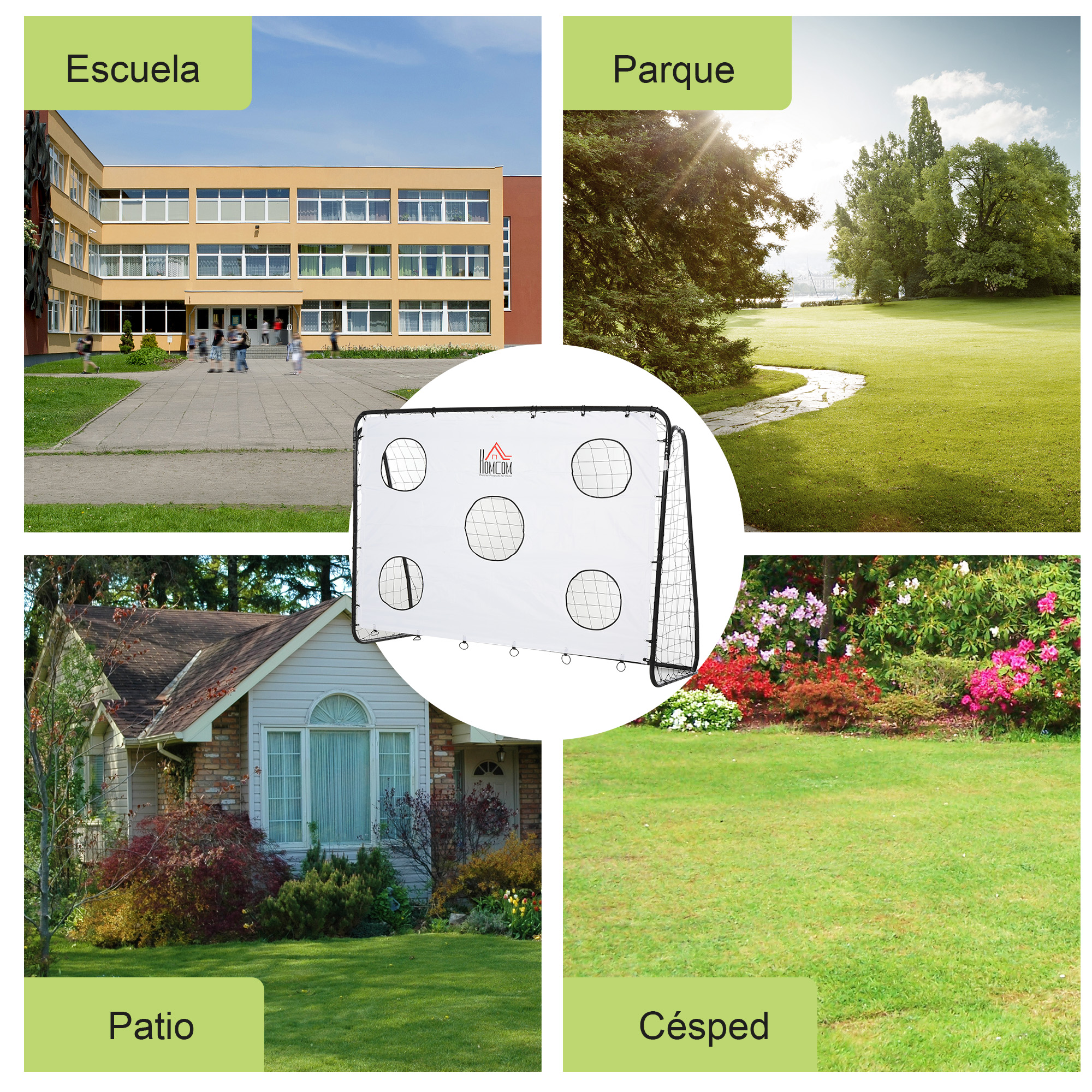 Collage con escuela, parque, casa y portería.