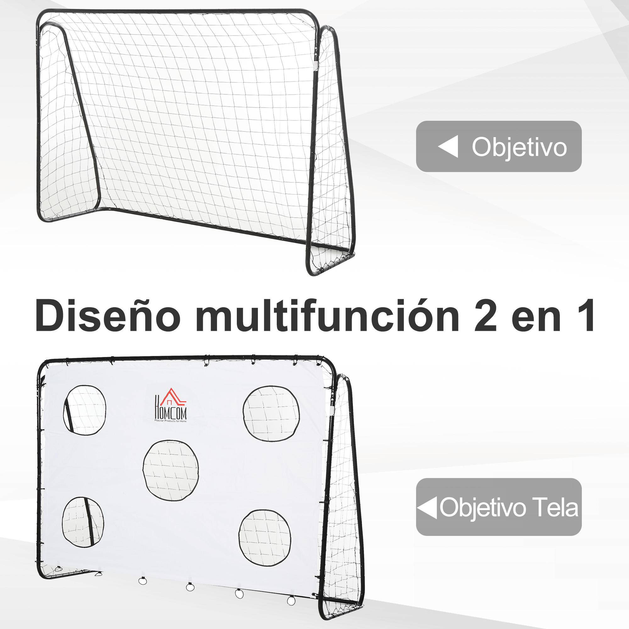 Portería de fútbol con red y pared de objetivos con agujeros. Diseño multifunción.