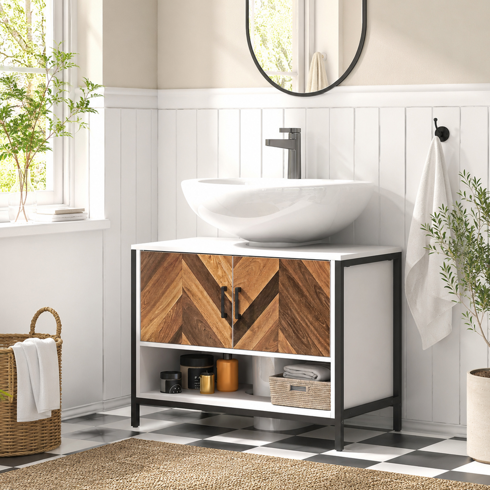 Baño moderno con lavabo, mueble de madera, espejo y plantas.