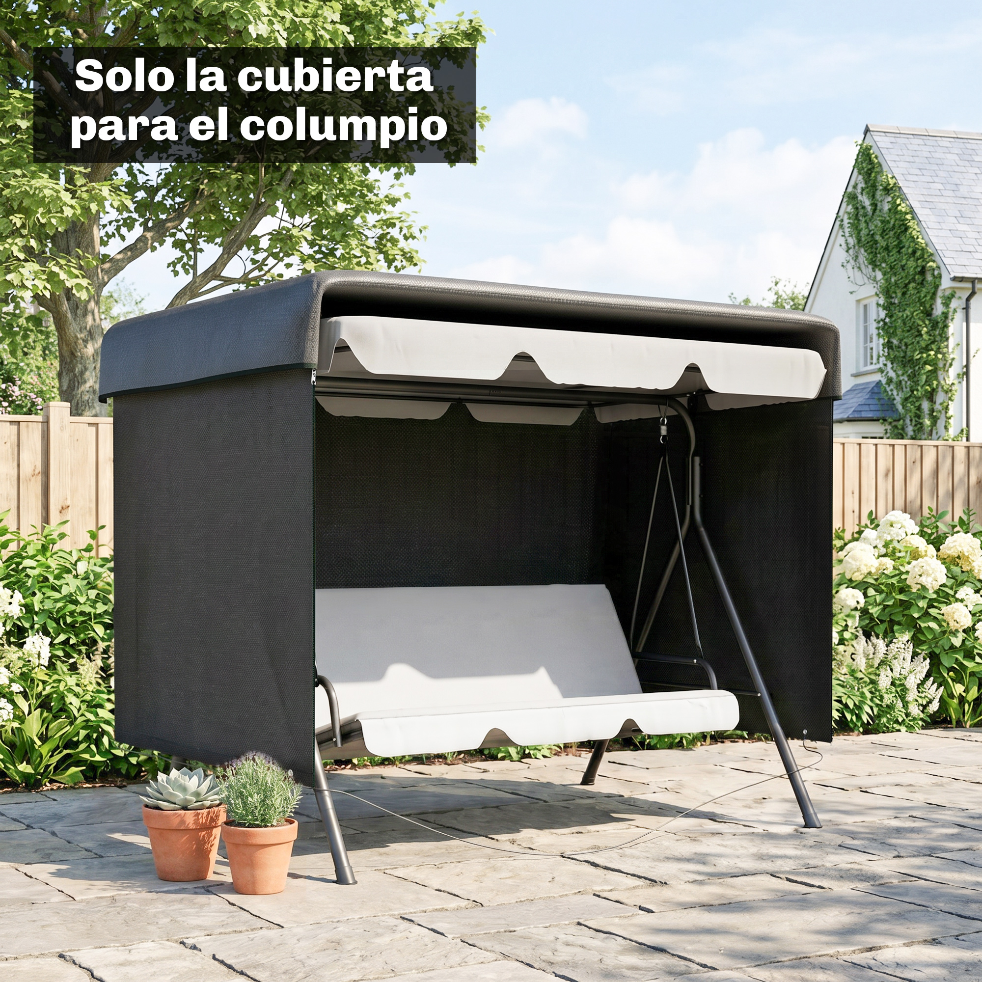 Una cubierta gris para mecedora con asiento blanco en un patio de piedra.