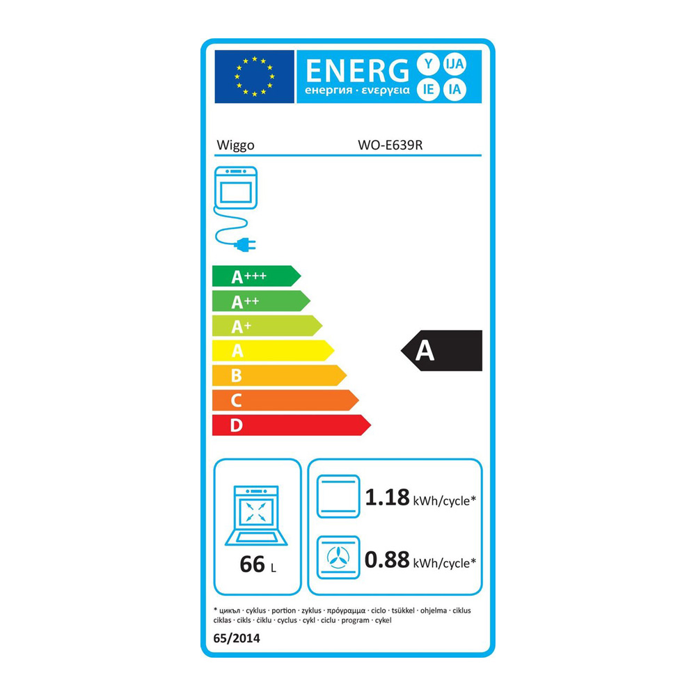 Energie-etiket voor vaatwasser energieklasse A. 66 L inhoud.