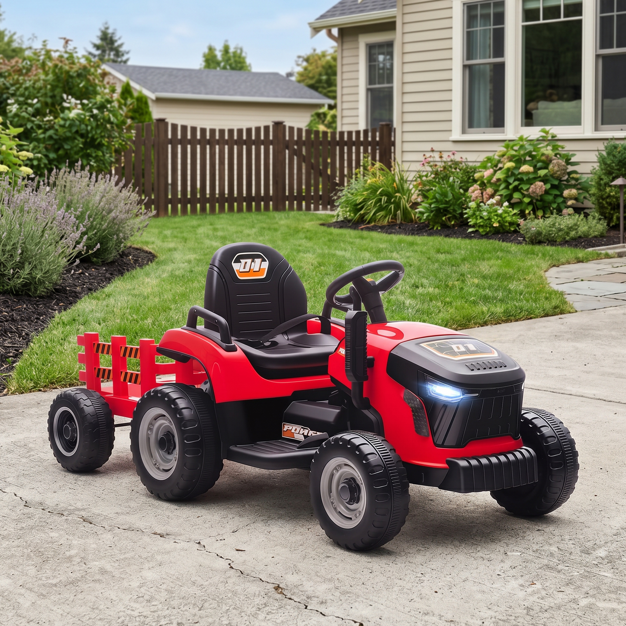 Un tractor de juguete rojo con remolque está sobre un camino de concreto frente a una casa.