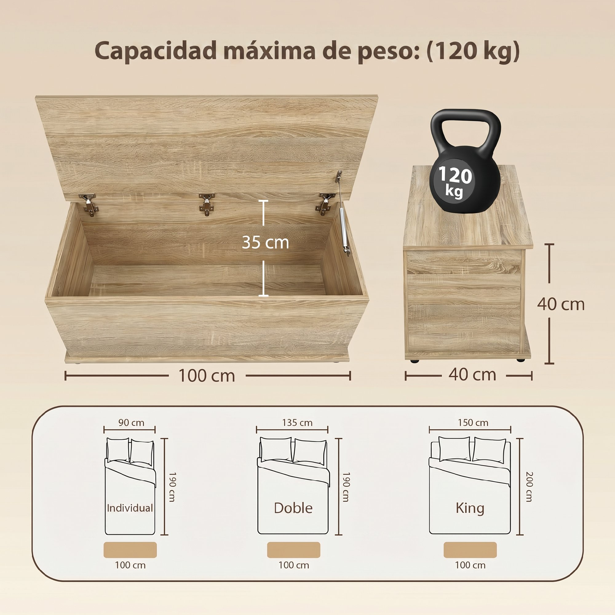 Caja de almacenamiento de madera con tapa, junto a un peso de 120 kg. Tamaños de cama abajo.