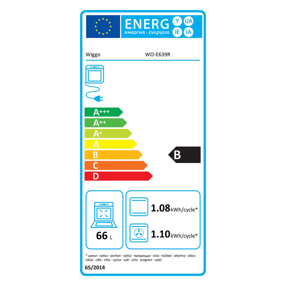 Energie-etiket voor Wiggo wasmachine, model WO-E639R, energieklasse B.