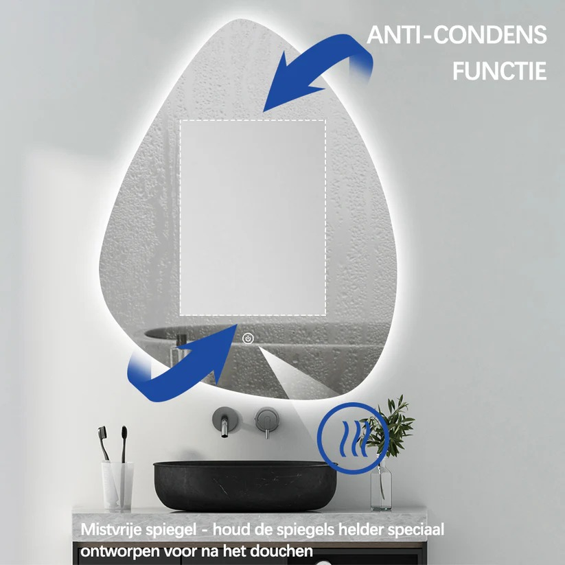 A backlit mirror with an anti-fog function above a sink.