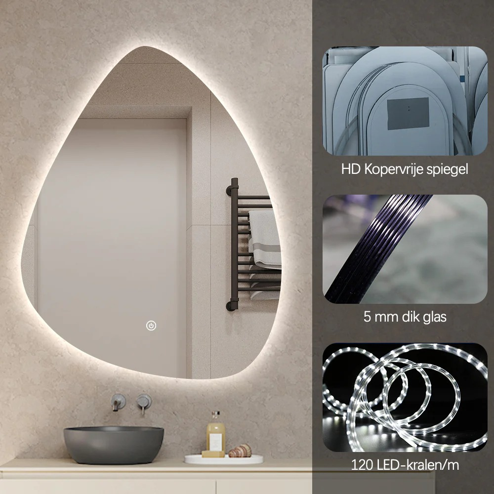 A backlit mirror with an organic frame, a sink, and a towel warmer beside it.