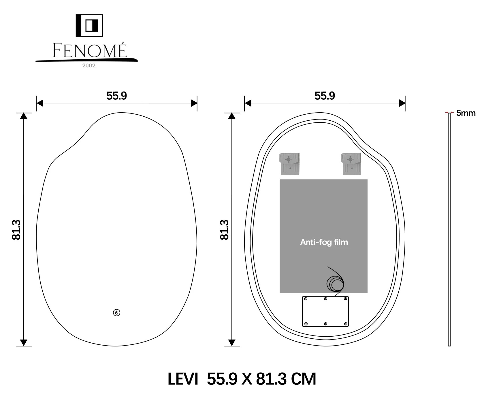 Technical drawing of a teardrop mirror, 55.9x81.3 cm.