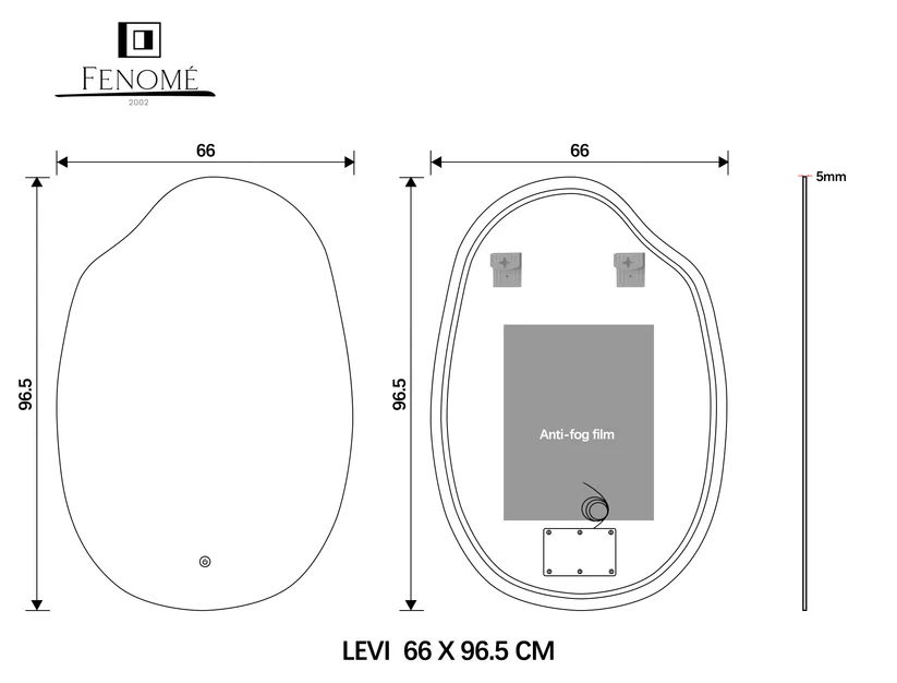 Technical drawing of an irregular shaped mirror with dimensions.