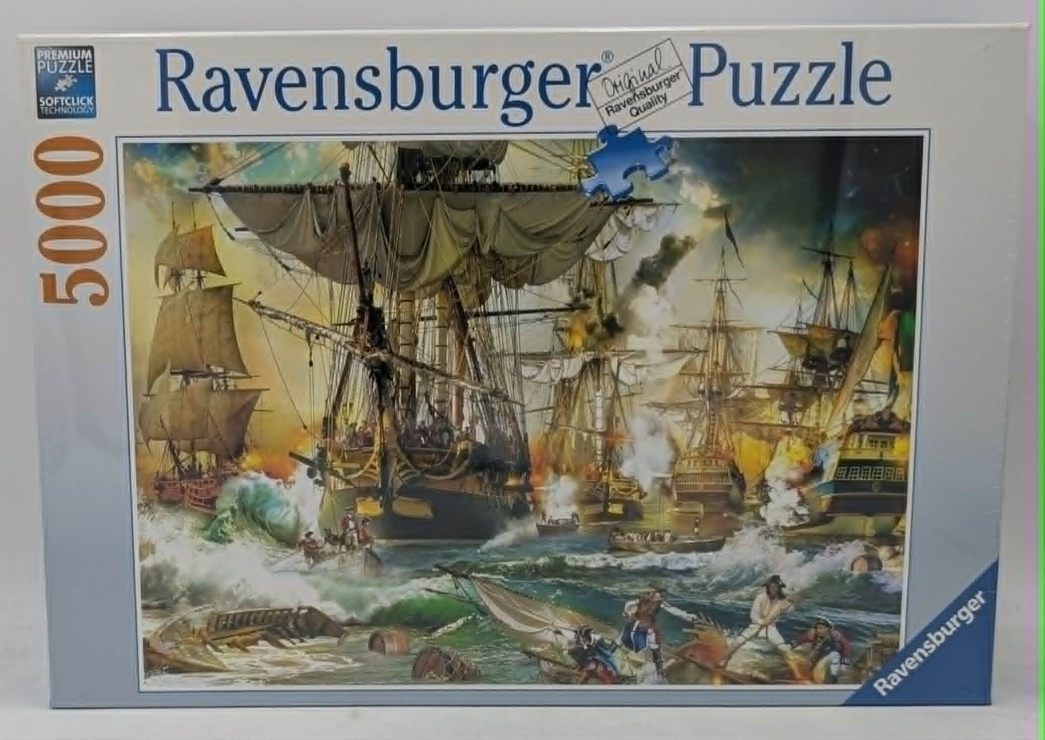 Ravensburger Puzzle: 5000 Teile, Seeschlacht mit Segelschiffen in stürmischer See.