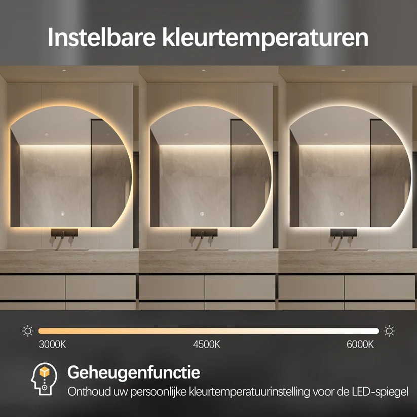 Three mirrors show adjustable color temperatures from 3000K to 6000K.