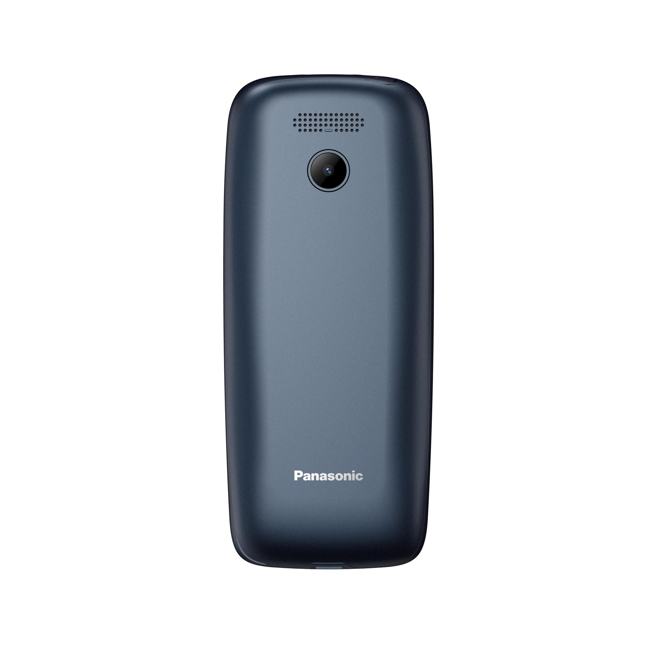 Retro di un cellulare Panasonic blu scuro con fotocamera e griglia altoparlante.