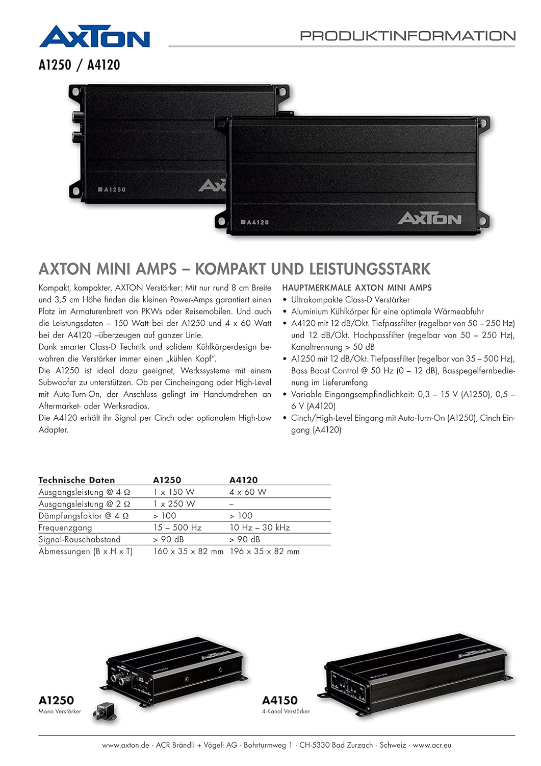 Zwei schwarze AXTON Verstärker, A1250 und A4120, mit technischen Daten und Produktmerkmalen.