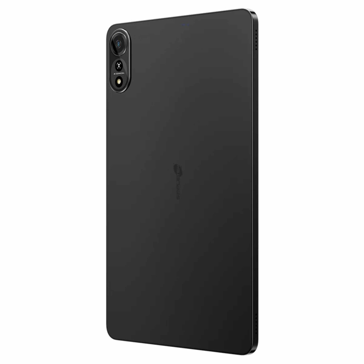 Tablet nero con due fotocamere posteriori e un logo.