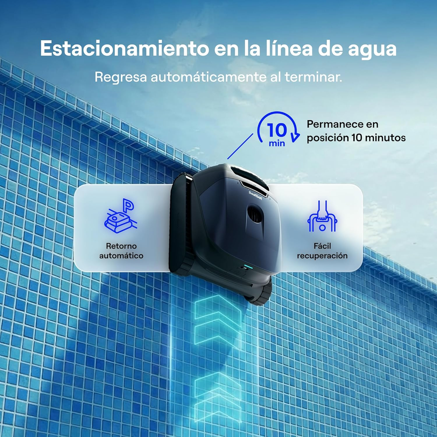 Un pulitore per piscina su una parete di piscina piastrellata con icone di ritorno automatico.