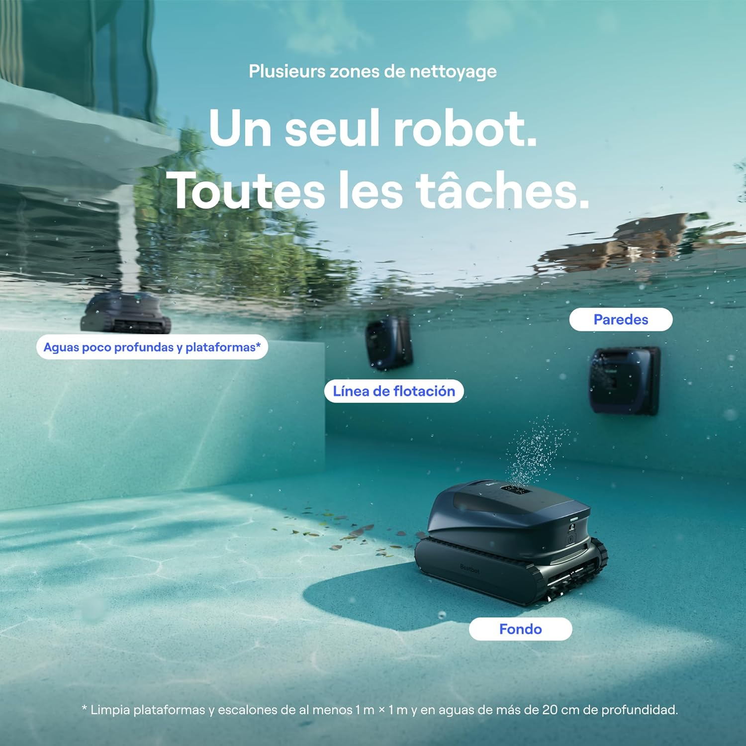 Ein Poolroboter reinigt Wände, Wasserlinie und Boden in einem Pool.