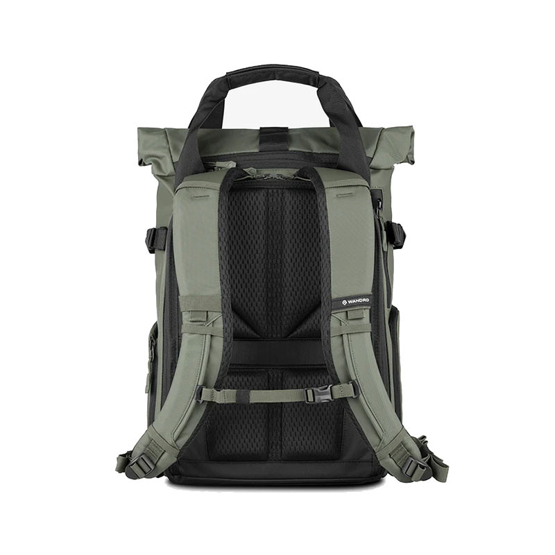 Back view of an olive green backpack with black straps and padding.