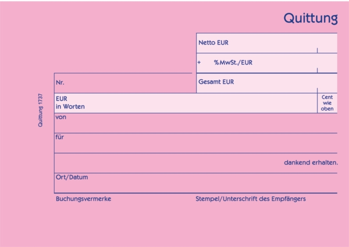 Quittungsformular mit Feldern für Nummer, Betrag, Empfänger, Zweck, Ort/Datum.
