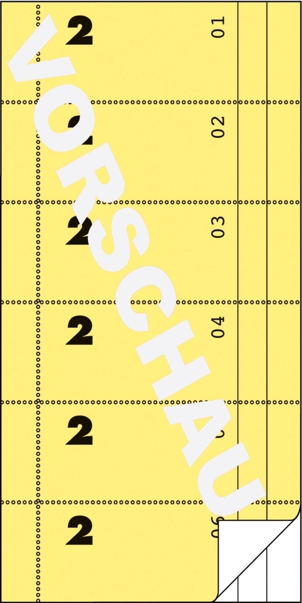 Gelbes Papier mit weißen Buchstaben 'Vorschau' und schwarzen Zahlen.