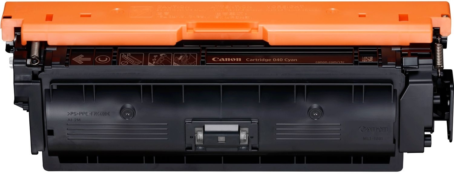 Black toner cartridge head with orange lid, Canon 040 Cyan.