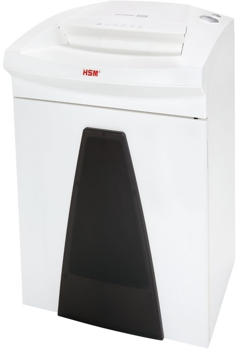 Una trituradora de papel HSM blanca con ventana de visualización negra.