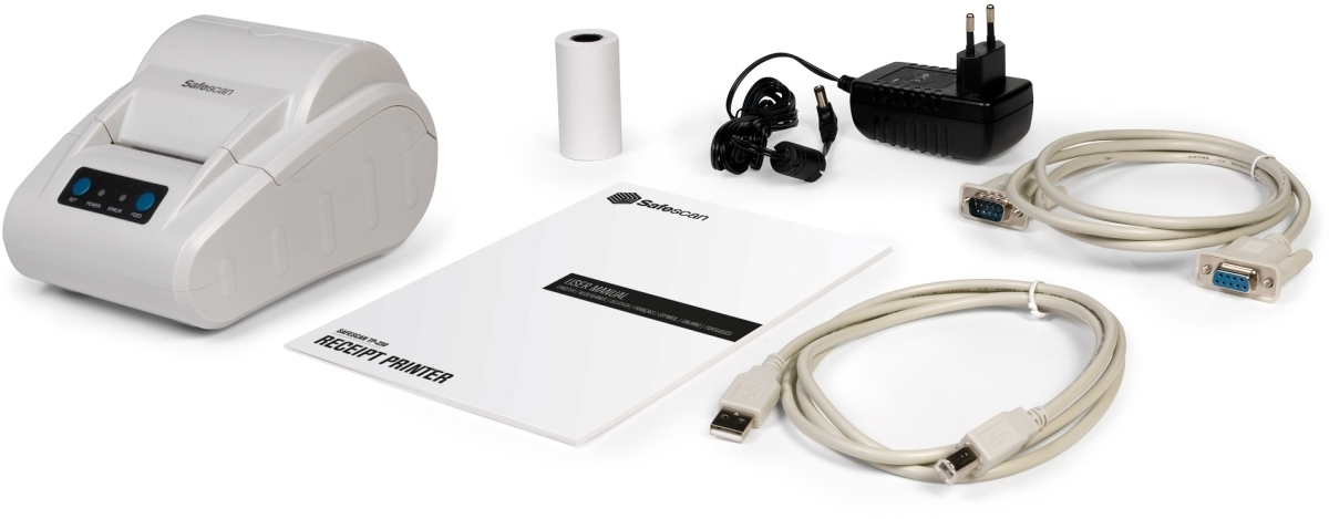 Biała drukarka paragonów z akcesoriami: zasilacz, kabel USB, kabel RS232, instrukcja obsługi, rolka papieru.