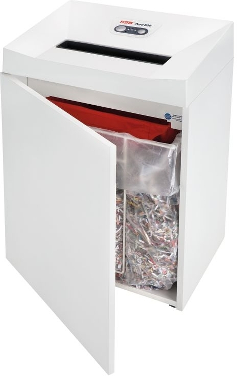 Una trituradora de papel blanca con la puerta abierta, que revela una bolsa roja y papel triturado.