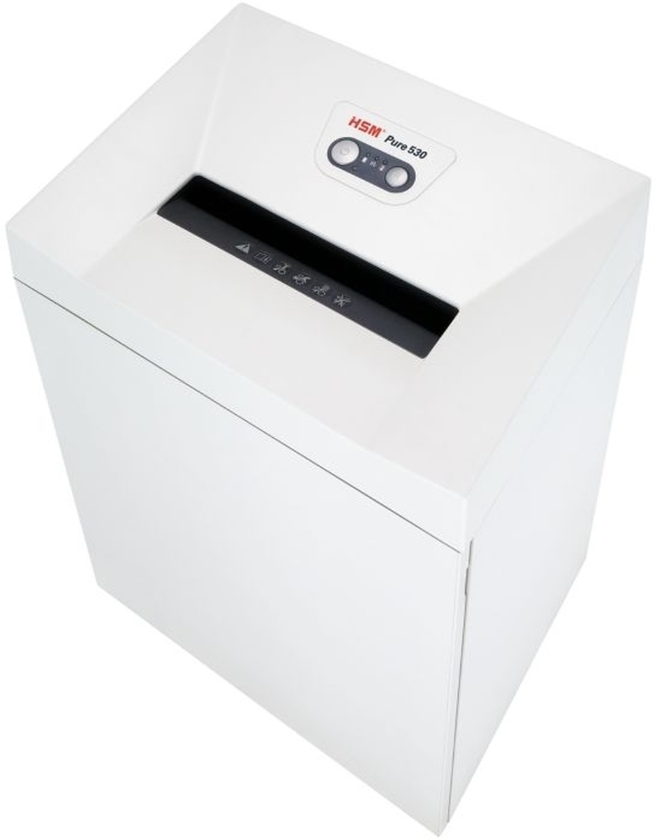 Una trituradora de papel blanca HSM Pure 530 con panel de control.
