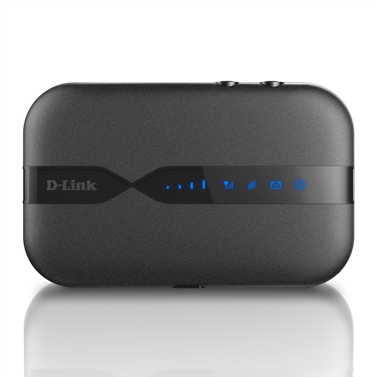 A black D-Link LTE device with blue indicator lights.