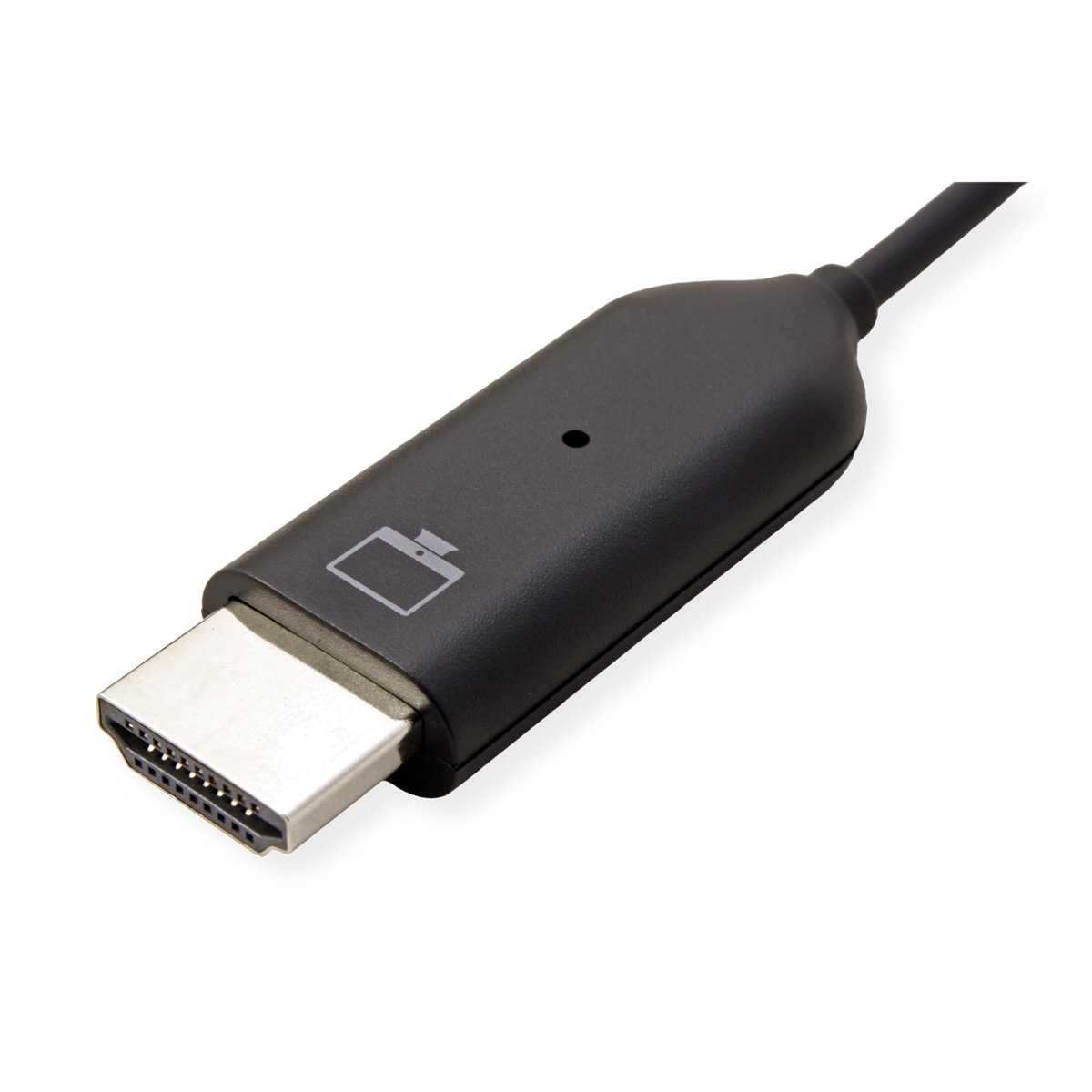 Schwarzer HDMI-Adapter mit einem Symbol für einen Bildschirm und ein Kabel.