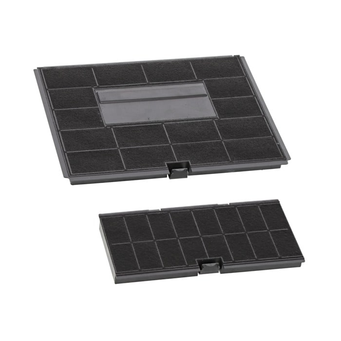 Dos filtros rectangulares de carbón activado negros con patrón de rejilla.