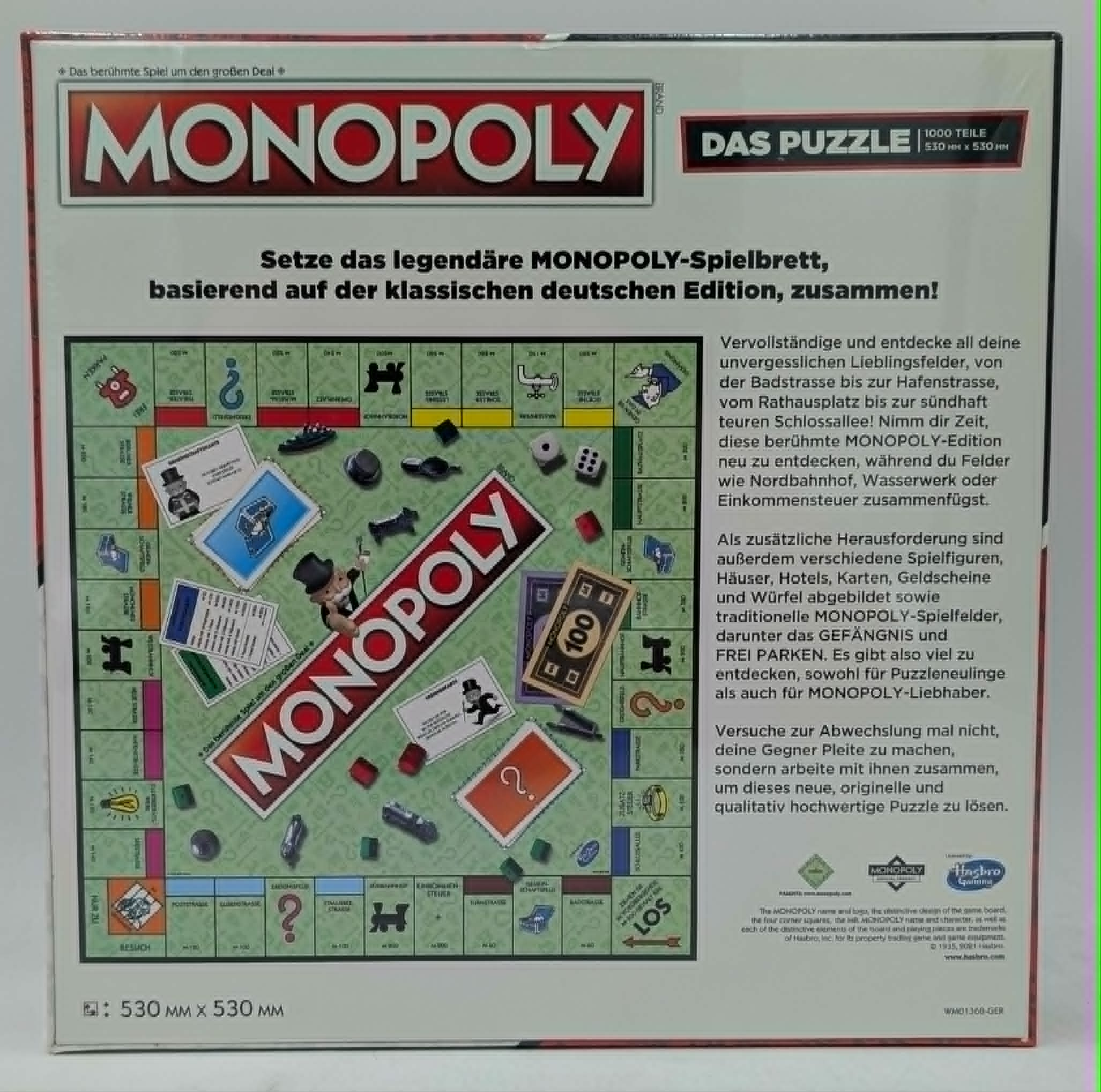 Monopoly Puzzle-Verpackung zeigt das Spielbrett und Spielteile.