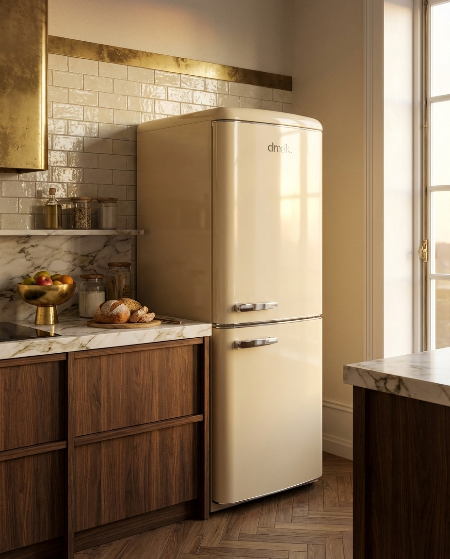 A cream retro fridge freezer stands in a kitchen with wooden cabinets and a marble countertop.