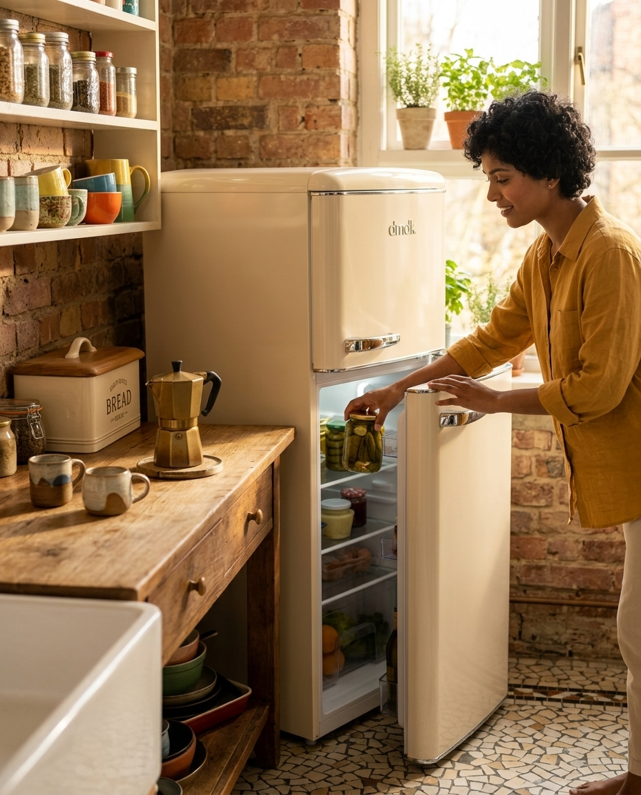Una mujer saca un frasco de pepinillos de un refrigerador color crema en una cocina.